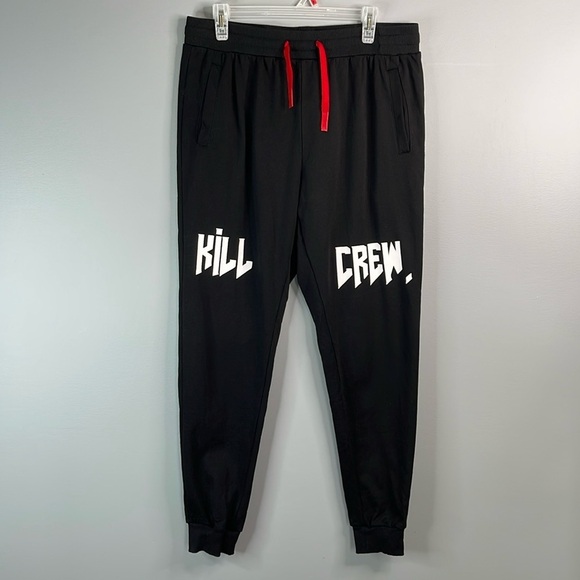 KILL CREW Unisex Joggers Black Thigh Graphics Drawstring Pockets Gym Workout L - Picture 10 of 10